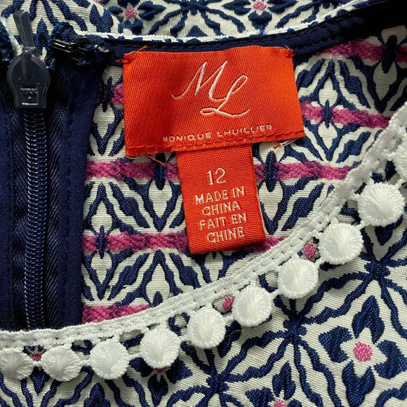 Anthropologie Monique Lhuillier Meagan Dress Geometric Navy Blue White Size 12 - Picture 11 of 12